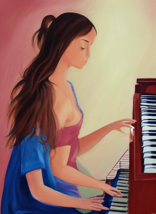 Image similar to kave painting of gril playing piano, 4 k, high quality, sharp fucos