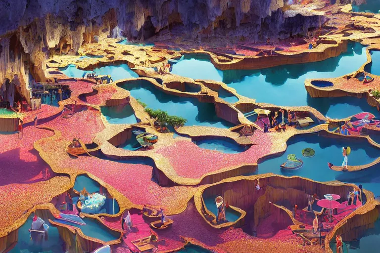 Image similar to floating markets of shinsekai japan along pamukkale waters flowing down gold travertine terraces in royal blue antelope canyon during sakura season on an interstellar aurora borealis, pink waterfalls, lush chic garden, by peter mohrbacher, james jean, james gilleard, greg rutkowski, vincent di fate, rule of thirds, octane render, beautiful landscape