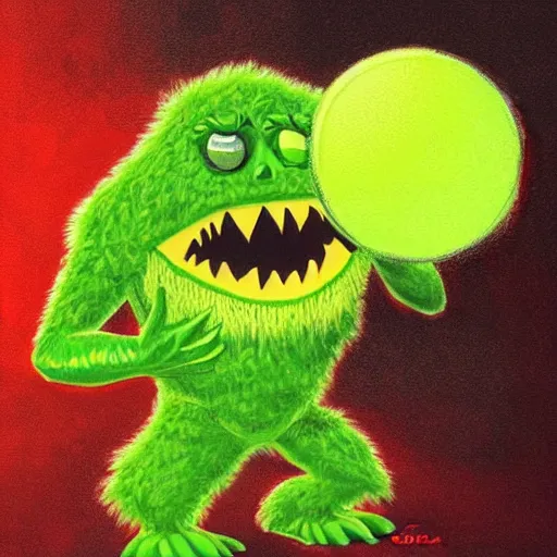 Image similar to a tennis ball monster shrugging, digital art, fantasy, magic, trending on artstation, ultra detailed, professional illustration by Basil Gogos