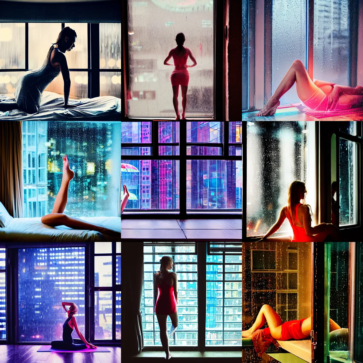 Prompt: A realistic photograph of a beautiful woman in a tiny dress in a yoga pose on a bed feet up and the window to a rainy cyberpunk city. rain. neon lights. glass reflections.