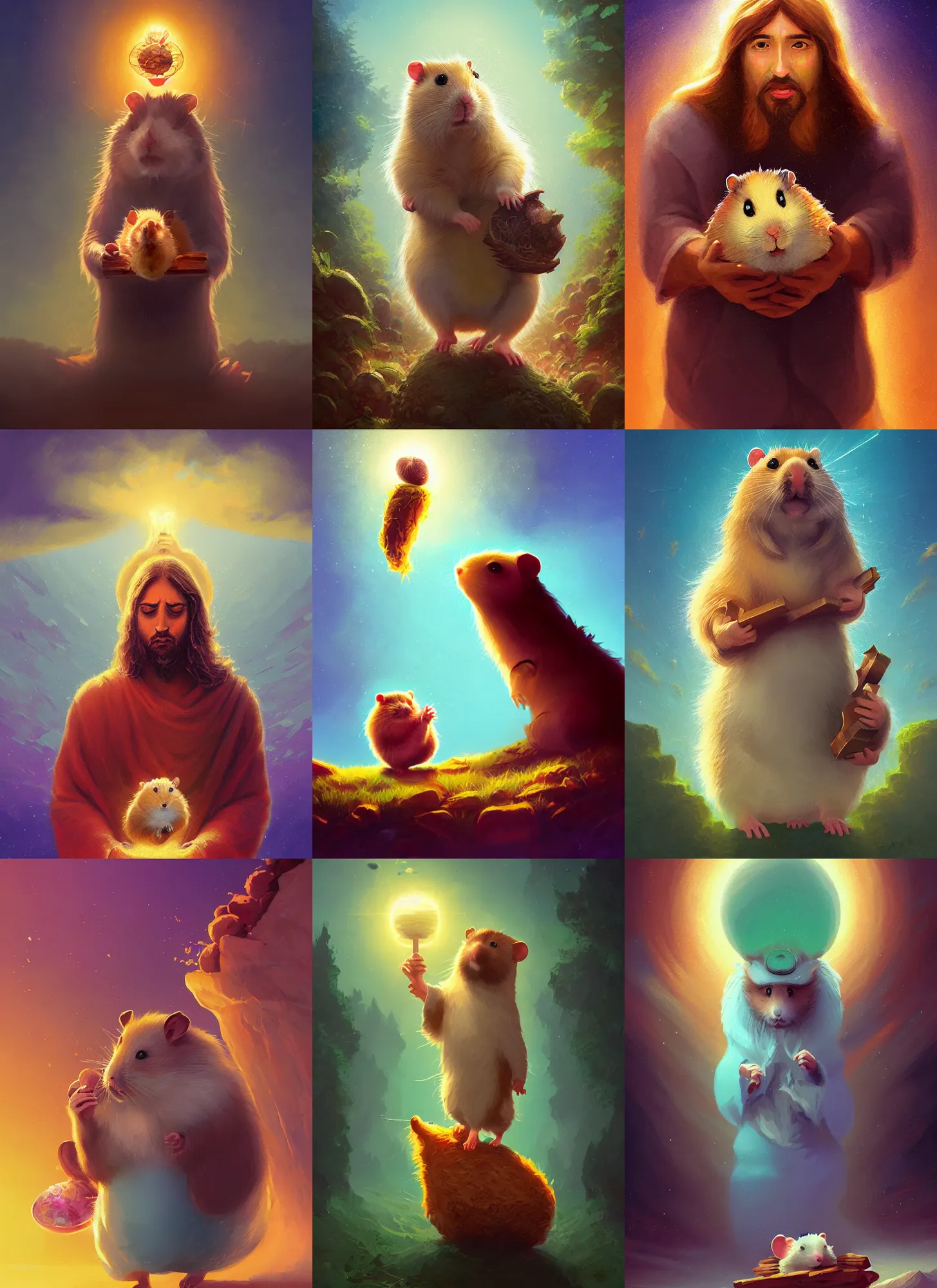 Prompt: hamster Jesus holding a large nut, Alena Aenami, Petros Afshar, Noah Bradley, Anton Fadeev, Anato Finnstark, Steve Henderson, Filip Hodas, Mark Keathley, Thomas Kinkade, Phil Koch, Gilbert Williams, Mike Winkelmann, Beeple