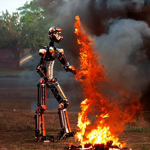 Prompt: humanoid robot with a flamethrower