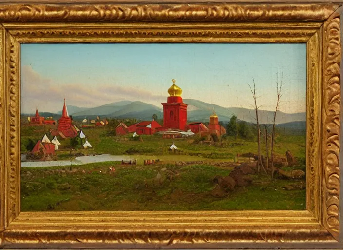 Prompt: the small wooden villages of siberia, russia with a wooden orthodox church in the middle, on mass in the style of hudson river school of art, oil on canvas