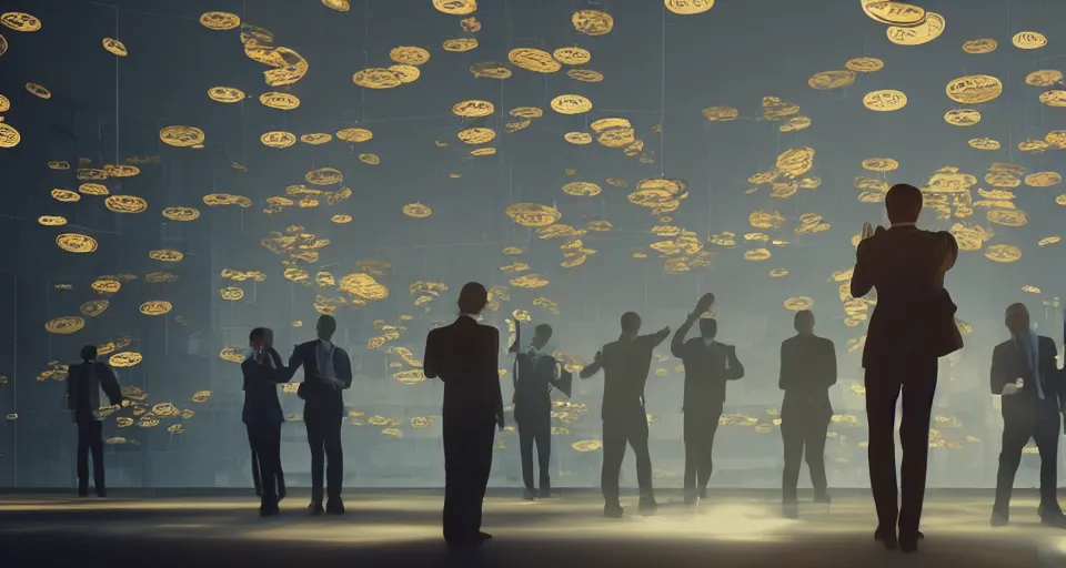 Image similar to Dramatic photo of a CEO waving goodbye to a group of silhouettes of his coworkers in a futuristic office. Golden coins are levitating all around them. 8k, high detail, trending on Artstation, volumetric lighting, cyberpunk