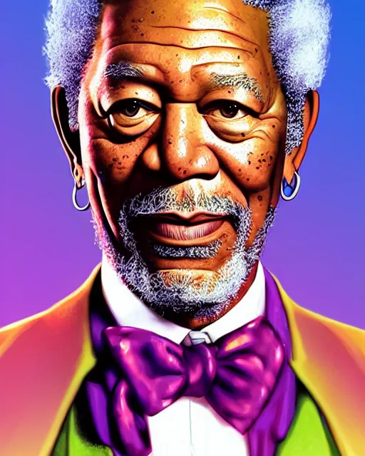 Prompt: Morgan Freeman as Willy Wonka, digital illustration portrait design, detailed, gorgeous lighting, wide angle dynamic portrait