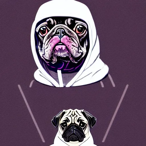 Image similar to a sad pug wearing a hoodie, the word ( sad ) is typed on the hoodie in upper case letters, digital art, synthwave style, trending on artstation, matte painting