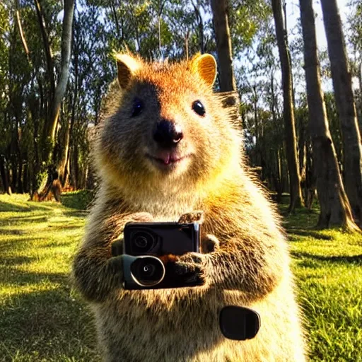 Prompt: happy quokka taking a selfie, golden hour, ultra realistic