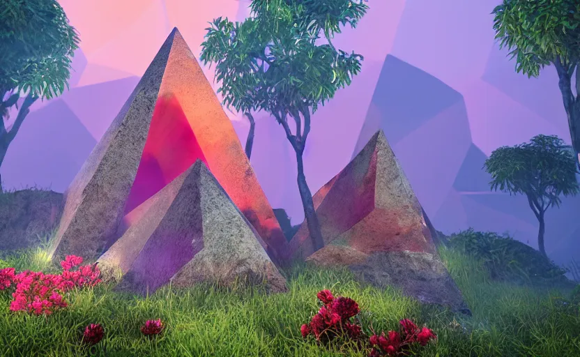 Image similar to a crystal tetrahedron!!! in the middle of ancient ruins in a lush prehistoric jungle, inside a humongous cave, red and magenta flowers, sunset, godrays, orange and blue sky, haze, volumetric lighting, a high - quality render, photorealistic, unreal engine 5