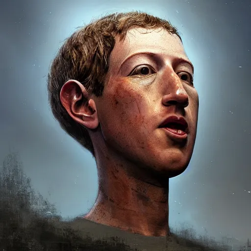 Image similar to a giant disimbodied head of Mark Zuckerberg hovering over a city and looking at it, hyper realistic, volumetric lighting, intricately detailed, cosmic horror, Art station, Epic scale, art by Greg Rutkowski, art by Ruth Asawa, art by Ted Nasmith, art by H.R. Giger, Octane render, Unreal Engine 3D, 8k