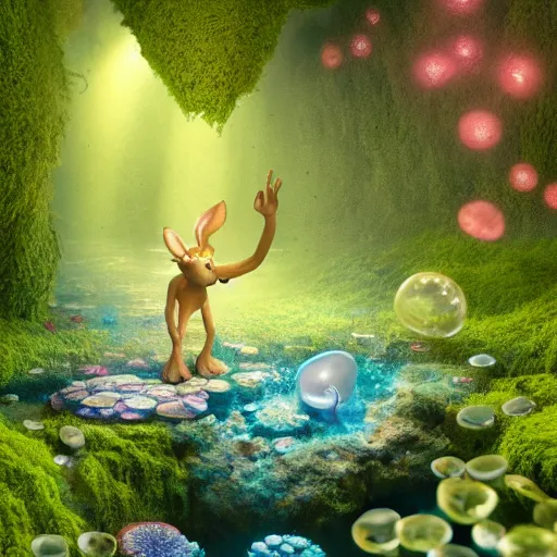 Image similar to tiny satyr, moss, floating, rbc, radiolaria, protophyta, micro - organisms, center frame, symmetric, rim light, marine microbiology, underwater, bioluminescence, electric, soft, concept art, intricate details, highly detailed, colorful, photorealistic, disney pixar, octane render, iridescent