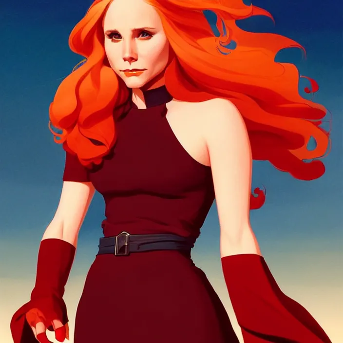 Image similar to style artgerm, joshua middleton : : beautiful kristen bell with dark red dress, very long orange hair, symmetrical face, symmetrical eyes : : fire powers fire swirling : : [ detailed, volcano setting ] : : cinematic lighting