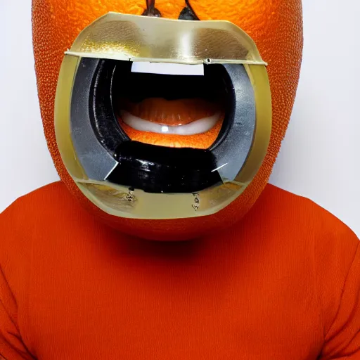 Prompt: Annoying Orange wearing an insane asylum muzzle