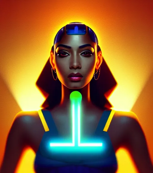 Image similar to symmetry!! egyptian princess of technology, solid cube of light, hard edges, product render retro - futuristic poster scifi, lasers and neon circuits, brown skin gorgeous egyptian princess, intricate, elegant, highly detailed, digital painting, artstation, concept art, smooth, sharp focus, illustration, dreamlike, art by artgerm