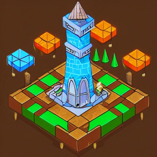 Image similar to isometric view of wizard tower, colored lineart game tile