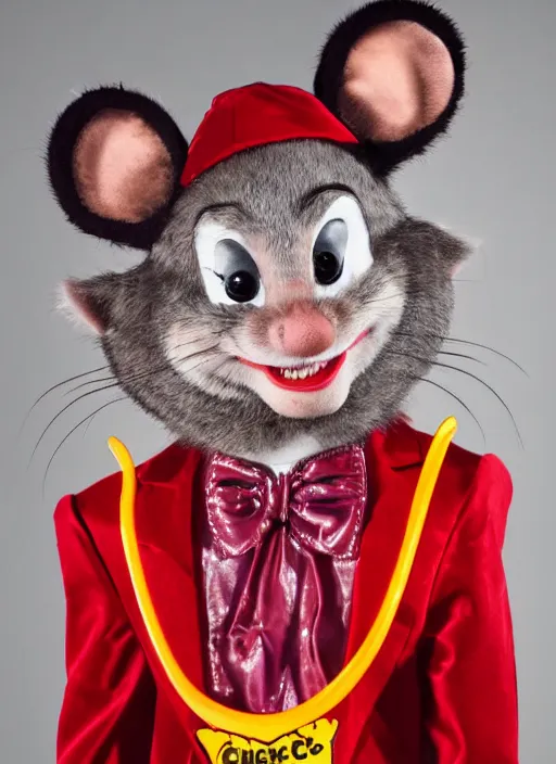 Image similar to Chuck E. Cheese mascot low quality 2007 circus portrait of an anthropomorphic rat animatronic dressed like a clown, professional portrait, official photo, camera flash, dimly lit, Chuck E. Cheese head, authentic, mouse, costume weird creepy, off putting, nightmare fuel, Chuck E. Cheese