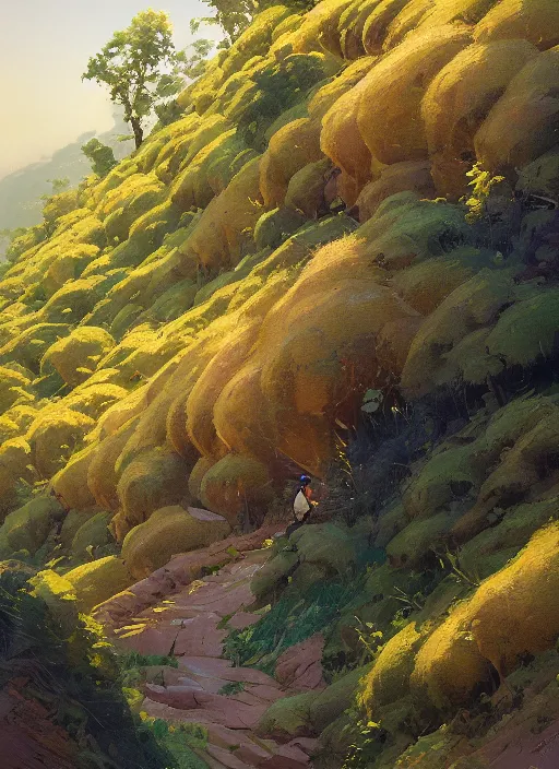 Prompt: steep hills covered with dense underbrush, extremely detailed oil painting, rhads, sargent and leyendecker, savrasov levitan polenov, bruce pennington, studio ghibli, tim hildebrandt, digital art, landscape painting, trending on artstation, masterpiece