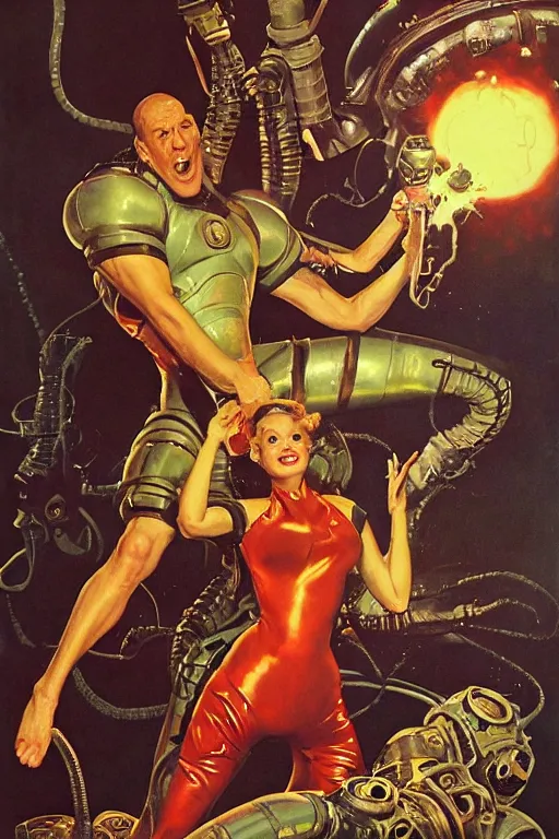 Image similar to full body portrait of martyn ford as lovecraftian demon being zapped by ray gun held by elegant lady wearing a latex spacesuit, by norman rockwell, jack kirby, jon berkey, earle bergey, craig mullins, ruan jia, jeremy mann, tom lovell, marvel, astounding stories, 5 0 s pulp illustration, scifi, fantasy, artstation creature concept