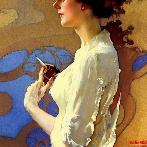 Image similar to abstract portrait of a beautiful woman by norman rockwell, greg manchess, mucha