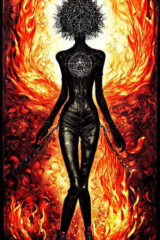 Prompt: dreamy gothic girl, black leather slim clothes, chains, ice and fire, beautiful body, detailed acrylic, grunge, intricate complexity, by dan mumford and by alberto giacometti, peter lindbergh