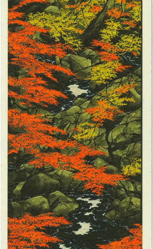 Prompt: by akio watanabe, manga art, a maple forest opens to a water stream, fall season, trading card front