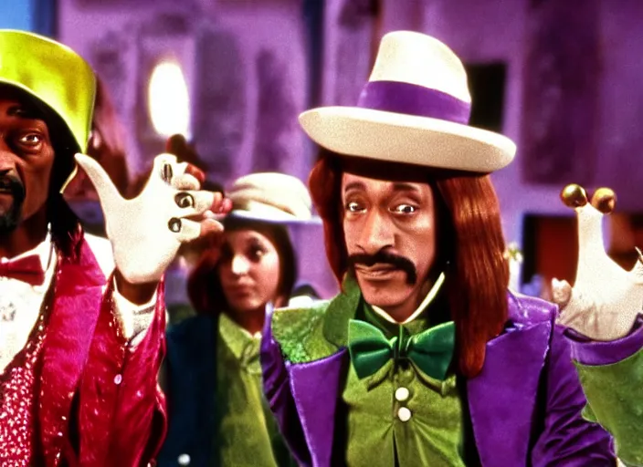 Image similar to film still of Snoop Dogg as Willy Wonka in Willy Wonka and the Chocolate Factory 1971