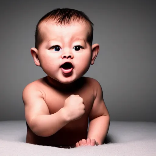 Prompt: an extremely muscular baby flexing, intense expression, epic, high detail, high contrast