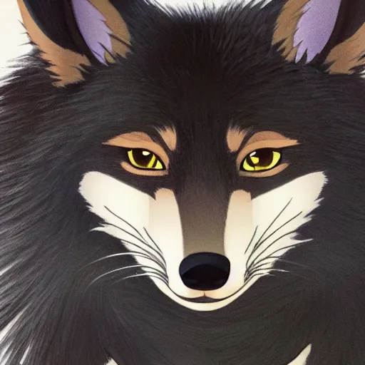 Image similar to close up of an anthro male black fox furry wearing an elegant suit, Studio Ghibli style, modern anime art