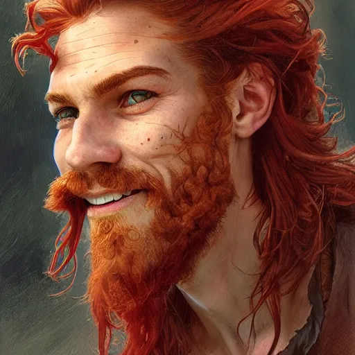 Image similar to portrait of a young ruggedly handsome but joyful pirate, soft freckles, male, masculine, upper body, red crimson hair, long long flowing hair, fantasy, proud smirk, intricate, elegant, highly detailed, digital painting, artstation, concept art, matte, sharp focus, illustration, art by artgerm and greg rutkowski and alphonse mucha