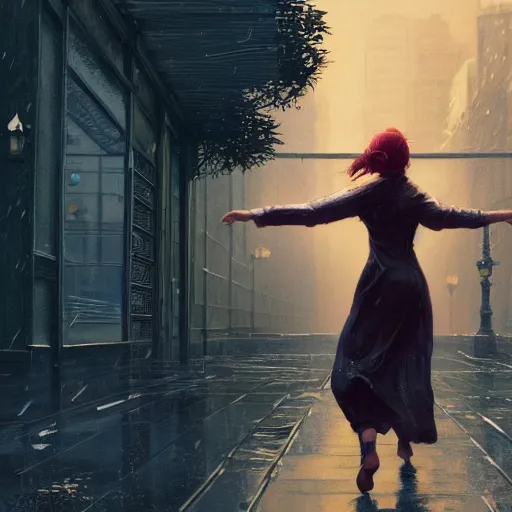 Image similar to highly detailed a woman dancing in the rain, in gta v, stephen bliss, unreal engine, fantasy art by greg rutkowski, loish, rhads, ferdinand knab, makoto shinkai and lois van baarle, ilya kuvshinov, rossdraws, tom bagshaw, global illumination, radiant light, detailed and intricate environment