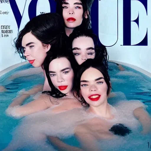 Image similar to stunning vogue magazine photo of dark - haired goddesses vanessa kirby, hailee steinfeld, and bjork smiling, legs intertwined, in a bubble bath, with wet faces!!, wet lips, smooth skin, perfect eyes, insanely detailed, elegant, by wlop, rutkowski, livia prima, mucha, wlop,