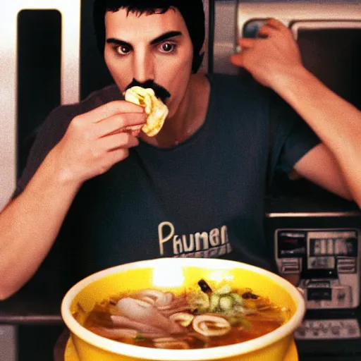 Prompt: Photo of Freddie Mercury eating ramen inside a washing machine, highly-detailed 4K award-winning