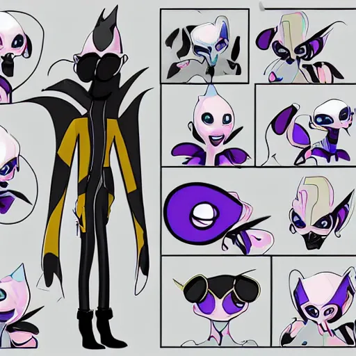 Prompt: character design sheets for a fashionable nonbinary androgynous gothic manta ray humanoid person with manta ray arms who sells empty spray paint cans as a scam and is always covered in paint and acting shady, designed by splatoon nintendo, inspired by tim shafer psychonauts 2 by double fine, cgi, professional design, gaming