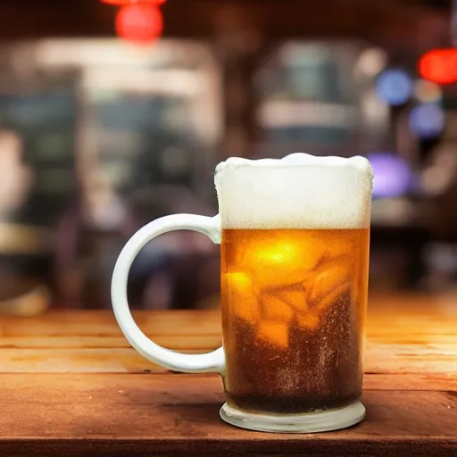 Prompt: a 3 d rendered movie still product shot an old - fashioned root beer in a frosty mug with condensation. the mug sits on a wooden bar at a diner. next to the mug is an origami bird. in the background is a dart board on a wall. imax, 7 0 mm dramatic lighting blade runner