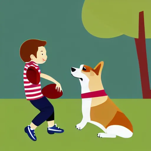 Image similar to illustration of french boy playing football with a corgi who is wearing a polka dot scarf