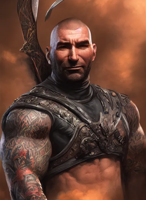 Image similar to A fantasy comic book style portrait painting of Dave Bautista as a archer, unreal 5, DAZ, hyperrealistic, octane render, RPG portrait, dynamic lighting