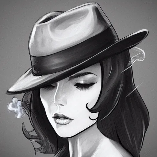 Image similar to noir detective wearing fedora and smoking a cigarette, raining, Artwork by Artgerm