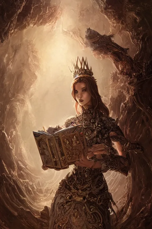 Image similar to painting the world as an artificer wearing a crown and holding a book by artgerm and wlop and scott fischer and seb mckinnon, digital art, highly detailed, wide shot, intricate, fantasy, mystical, sharp focus, Trending on Artstation HQ, deviantart, unreal engine 5, 4K UHD image