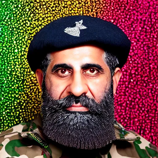 Prompt: professional portrait of a middle aged arab man with a beard wearing military camouflage and a beret, rainbow background, 8 k, very intricate, very detailed,