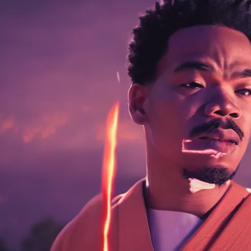 Image similar to cinematic film still of Chance The Rapper starring as a Samurai holding fire, Japanese CGI, VFX, 2022, 40mm lens, shallow depth of field, film photography