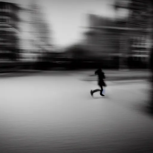 Prompt: A shadowy figure running away, long exposure, motion blur, 35mm, black and white