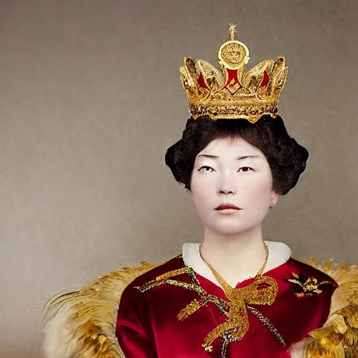 Prompt: a wide full shot, russian and japanese mix 1 9 0 0 s historical fantasy of a photograph portrait taken of a royal gold leaf tiara with intertwined white feathers, photographic portrait, warm lighting, from an official photographer from the royal museum. displayed in a museum.