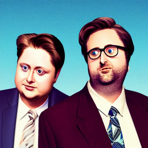 Prompt: realistic beautiful portrait of tim heidecker and Eric Wareheim (Tim and Eric), synthwave funny style