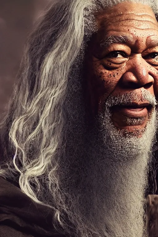 Prompt: morgan freeman starring as gandalf in lord of the rings, cybertronian, long shot, cinematography by wes anderson, 4 k octane render, intricate detail, photorealistic, cinematic lighting, artstation