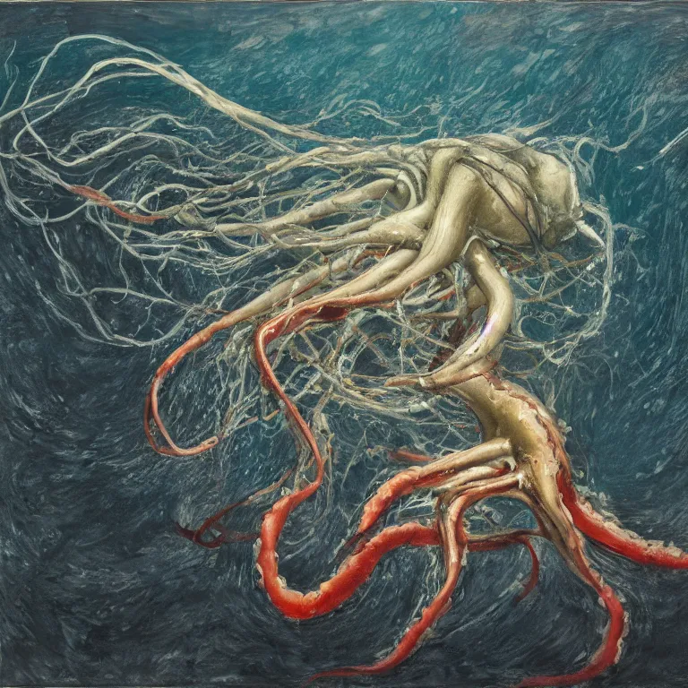 Image similar to Hyperrealistic intensely colored Studio wet collodion Photograph portrait of a deep sea Giant Squid battling Physeter Macrocephalus Whale deep underwater in darkness long exposure, award-winning nature deep sea expressionistic impasto heavy brushstrokes oil painting by Cy Twombly and Tim Hawkinson and Audubon vivid colors hyperrealism 8k
