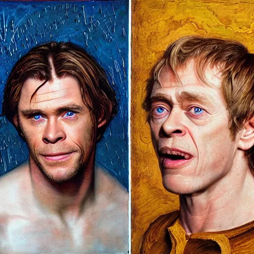 Image similar to portrait of chris hemsworth combined with willem dafoe and steve buscemi, oil painting by jan van eyck, northern renaissance art, oil on canvas, wet - on - wet technique, realistic, expressive emotions, intricate textures, illusionistic detail