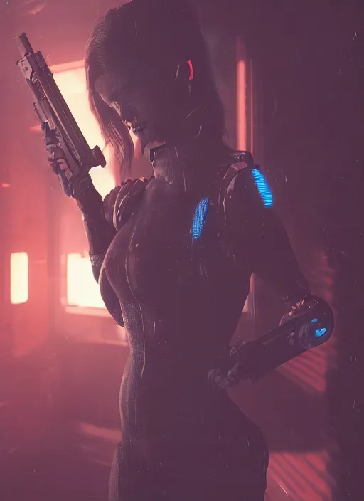 Image similar to a woman holding a gun in a dark room, cyberpunk art by eddie mendoza, cgsociety contest winner, shock art, playstation 5 screenshot, redshift, greeble