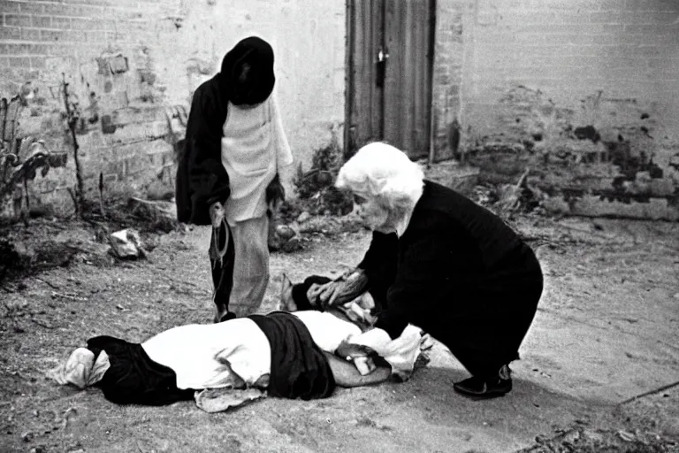 Image similar to death comes for an elderly lady. 1 9 6 9 black and white photo.