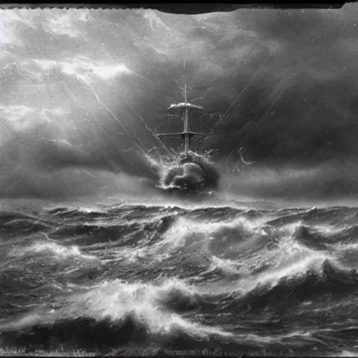 Image similar to giant anomalous creature in the middle of a violent stormy ocean being encountered by warship, 1900s photograph