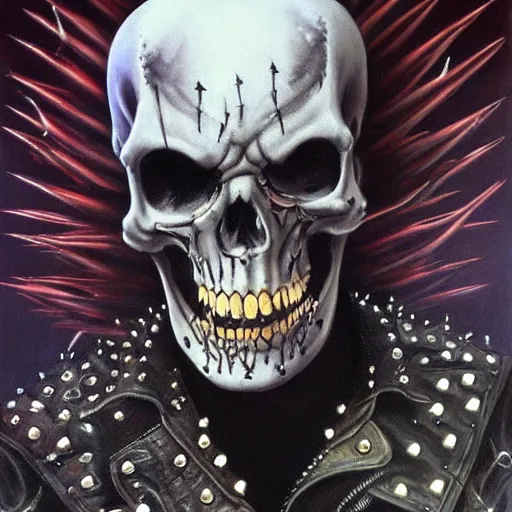 Image similar to a portrait of the grim reaper as a punk rocker, punk, skeleton face, mohawk, dark, fantasy, leather jackets, spiked collars, spiked wristbands, piercings, boots, guitars, motorcycles, ultrafine detailed painting by frank frazetta and vito acconci and takeshi obata, detailed painting