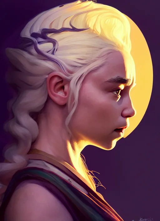 Prompt: side profile centered painted portrait, emilia clarke as d & d, danerys targarian, matte painting concept art, art nouveau, beautifully backlit, swirly vibrant color lines, fantastically gaudy, aesthetic octane render, 8 k hd resolution, by ilya kuvshinov and cushart krentz and gilleard james